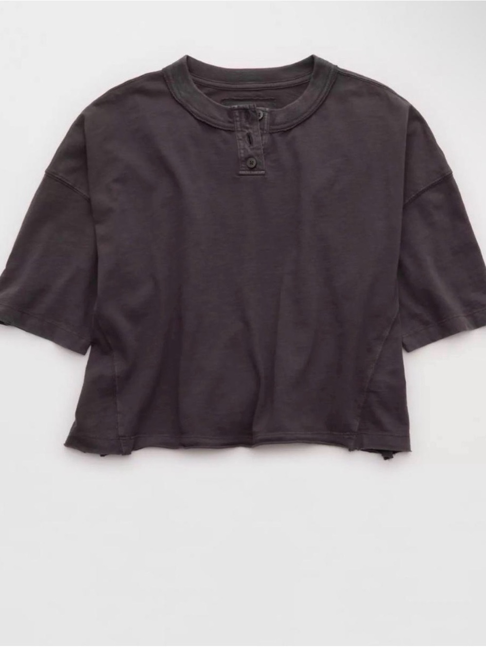 aerie Short-Sleeve Henley Crop Top - Charcoal Black